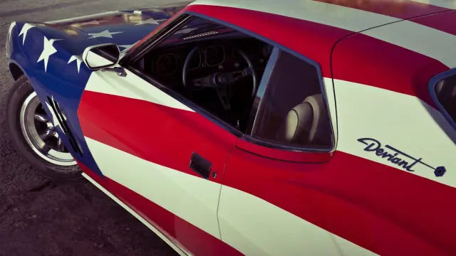 GTA 6 Deviant muscle car in a red white and blue stars-and-stripes livery with Deviant script
